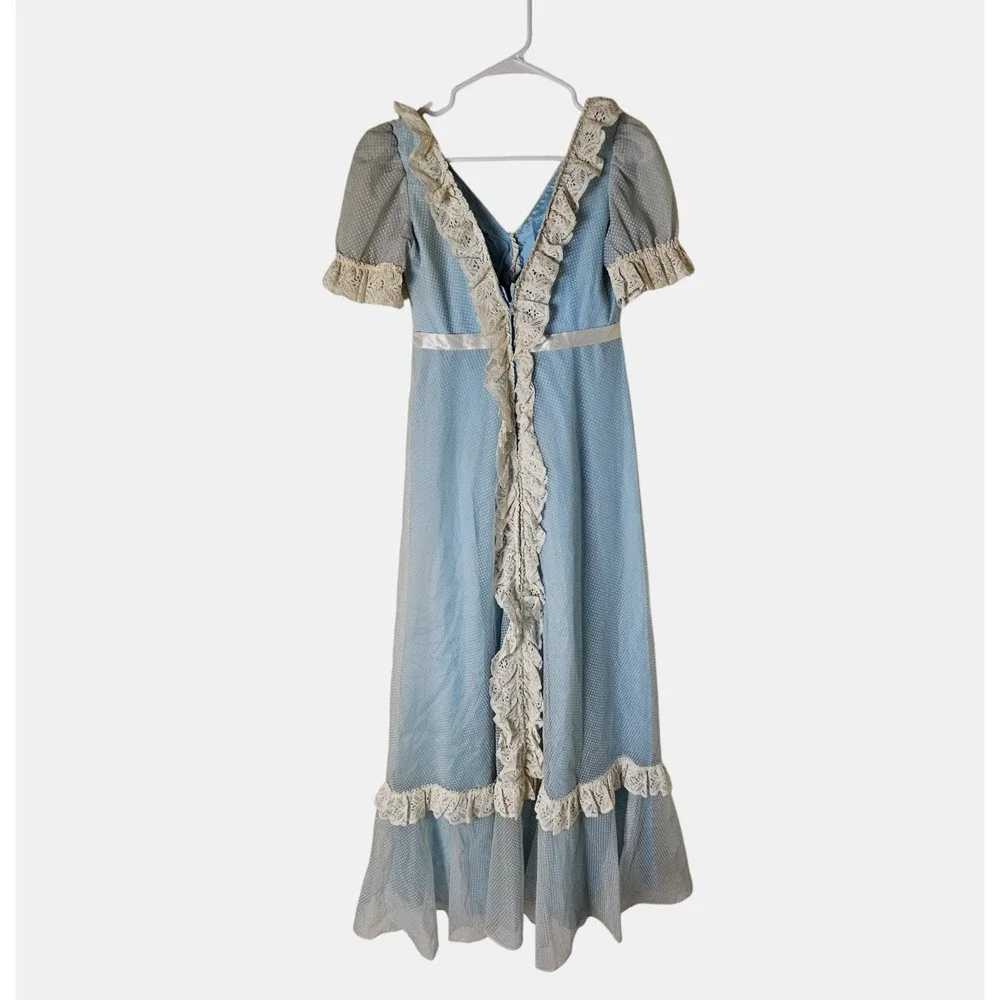 VTG Prairie Dress Sheer Mesh Overlay  7 Bany‎ Blue Lace Trim 1970s Cottagecore